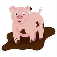 ilustración vectorial de un lindo cerdo de dibujos animados parado en el barro.