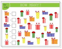 A math game for children, count how many of them there are. Gift boxes vector