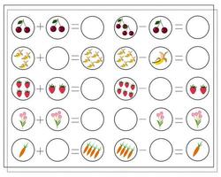 un juego de matemáticas para niños. resuelve los ejemplos, cuenta los elementos vector