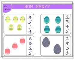 Children's math game count how many Easter eggs. vector