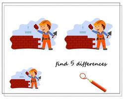 A logic game for kids find the differences, a builder builds a wall. vector