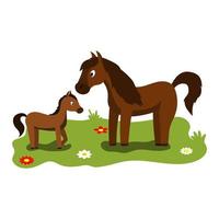 linda ilustración de dibujos animados de mamá e hijos, caballo y potro de animales de granja. vector