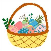 Basket with colored eggs. Easter basket icon, flat style. vector