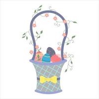 Wicker basket with colorful Easter eggs on a white background. Cute illustration for greeting cards, textiles, printing for Easter. Pastel colors. vector