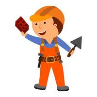 Illustration of a cute child in a helmet, a builder with a brick in his hands, vector