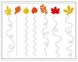 Workshop on handwriting. Educational children's game. Line tracing for children and toddlers. Autumn leaves vector