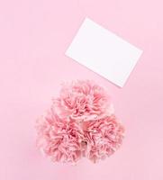 Top view, flat lay, mock up, copy space, handwritten greeting card template isolated with pale pink background, idea concept of thanks, wishes, craft carnations bouquet photo
