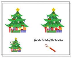 un juego de logica para niños, encuentra las diferencias. árbol de navidad y cajas de regalo. vector