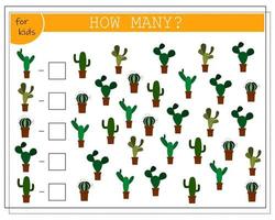 Math game for kids count how many of them there are. count how many cacti there are. vector