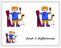 a game for children find the differences, winter, a tiger on skis vector