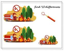 A logical game for children find the differences, a firefighter extinguishes a fire. vector