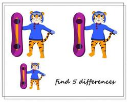 a game for children find the differences, winter, a tiger on a snowboard vector