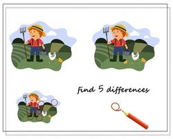 un juego lógico para niños encuentra las diferencias, un agricultor en el campo vector