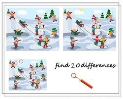 A logical game for children to find the differences. In winter, children play snowballs, make a snowman, sledding and skiing outdoors. vector