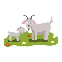 linda ilustración de dibujos animados de mamá e hijos, cabra animal de granja y niño vector