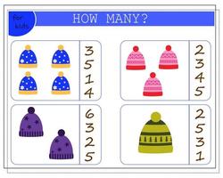 Math game for kids. worksheet, count how many caps. vector