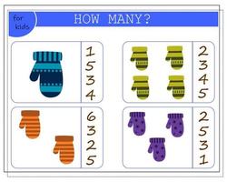 Math game for kids. count how many mittens. vector