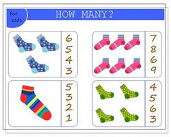 juego de matemáticas para niños. cuenta cuántos de ellos hay. calcetines multicolores con un patrón diferente vector