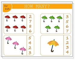 Math game for children, count how many umbrellas. vector