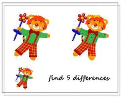 A logical game for children, find the differences. Tiger in the circus, clown, vector