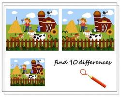 A logical game for children to find the differences. Happy farm, cows on the farm, barn and farmer vector
