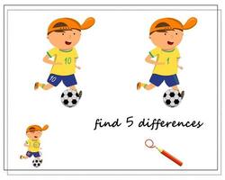 un juego para niños encuentra las diferencias, jugador de fútbol de dibujos animados vector