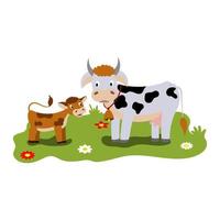 linda ilustración de dibujos animados de mamá e hijos, vaca animal de granja y ternera. vector