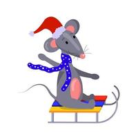 Cartoon vector illustration for children, a mouse rides on a sled