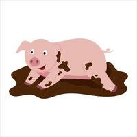 ilustración vectorial de un lindo cerdo de dibujos animados tirado en el barro.