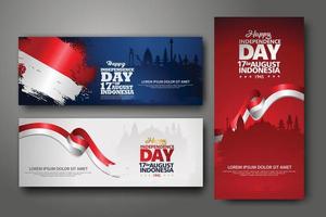 Indonesian Independence day celebration banner set. 17th of August felicitation greeting vector illustration. modern backgrounds with grunge style indonesian flag and silhouette icon city of indonesia