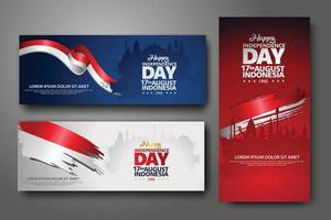 conjunto de banners de celebración del día de la independencia de indonesia. 17 de agosto ilustración de vector de saludo de felicitación. fondos modernos con bandera indonesia de estilo grunge e icono de silueta ciudad de indonesia