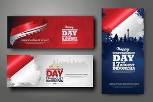 Indonesian Independence day celebration banner set. 17th of August felicitation greeting vector illustration. modern backgrounds with grunge style indonesian flag and silhouette icon city of indonesia