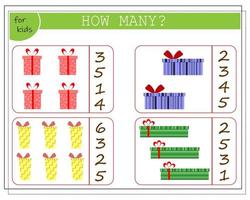 A math game for children, count how many of them there are. Gift boxes vector