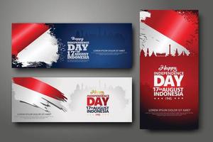 Indonesian Independence day celebration banner set. 17th of August felicitation greeting vector illustration. modern backgrounds with grunge style indonesian flag and silhouette icon city of indonesia