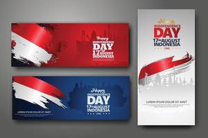 Indonesian Independence day celebration banner set. 17th of August felicitation greeting vector illustration. modern backgrounds with grunge style indonesian flag and silhouette icon city of indonesia