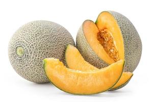 Close up, clipping path, cut out. Beautiful tasty rock cantaloup melon isolated on white background photo