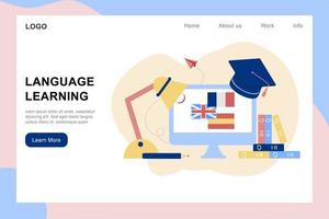 Modern 3D online languages learning class, language courses banner template for website and mobile app development. Literal translation, personal assistant, e-learning concept. Vector illustration.