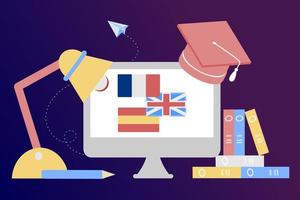 Modern 3D online languages learning class, language courses banner template for website and mobile app development. Literal translation, personal assistant, e-learning concept. Vector illustration.