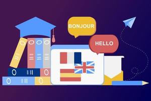 Modern 3D online languages learning class, language courses banner template for website and mobile app development. Literal translation, language assistant, e-learning concept. Vector illustration.