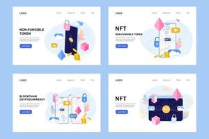 NFT non fungible token infographic with lines and dots network. Pay for unique collectible video, game, art. Isometric vector illustration of NFT with blockchain technology for web banner template set