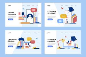 Modern 3D isometric of online languages learning, language courses banner template for web and mobile development. Literal translation, personal assistant, e-learning concept. Vector illustration set.