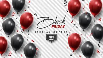 Black Friday Sale Poster with Shiny Balloons on Black and White Background. Universal vector background for poster, banners, flyers, card. vector illustration