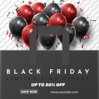 Black Friday Sale Poster with Shiny Balloons on Black and White Background. Universal vector background for poster, banners, flyers, card. vector illustration