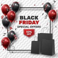 Black Friday Sale Poster with Shiny Balloons on Black and White Background. Universal vector background for poster, banners, flyers, card. vector illustration