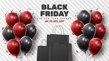 Black Friday Sale Poster with Shiny Balloons on Black and White Background. Universal vector background for poster, banners, flyers, card. vector illustration