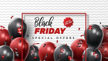 Black Friday Sale Poster with Shiny Balloons on Black and White Background. Universal vector background for poster, banners, flyers, card. vector illustration