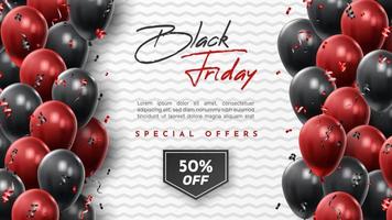 Black Friday Sale Poster with Shiny Balloons on Black and White Background. Universal vector background for poster, banners, flyers, card. vector illustration