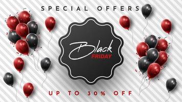 Black Friday Sale Poster with Shiny Balloons on Black and White Background. Universal vector background for poster, banners, flyers, card. vector illustration