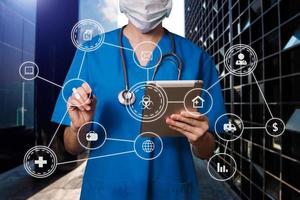 Medicine doctor and stethoscope using tablet with icon medical network connection on virtual photo