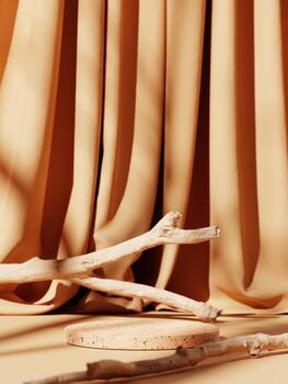 3d minimal granite display podiums along with dried tree branches in font of curtain. 3d rendering of realistic presentation for product advertising. 3d minimal illustration. selective focus. photo